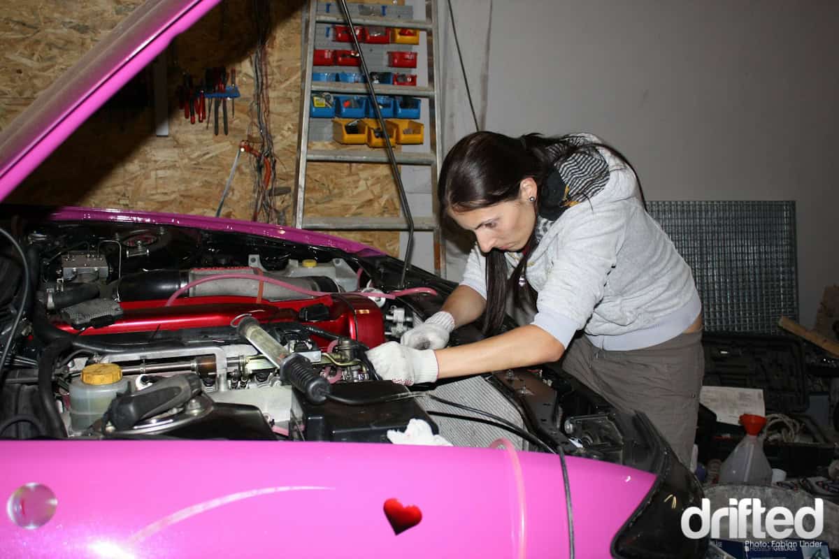Tasha working on her Drift Kitty, a true female mechanic ;)