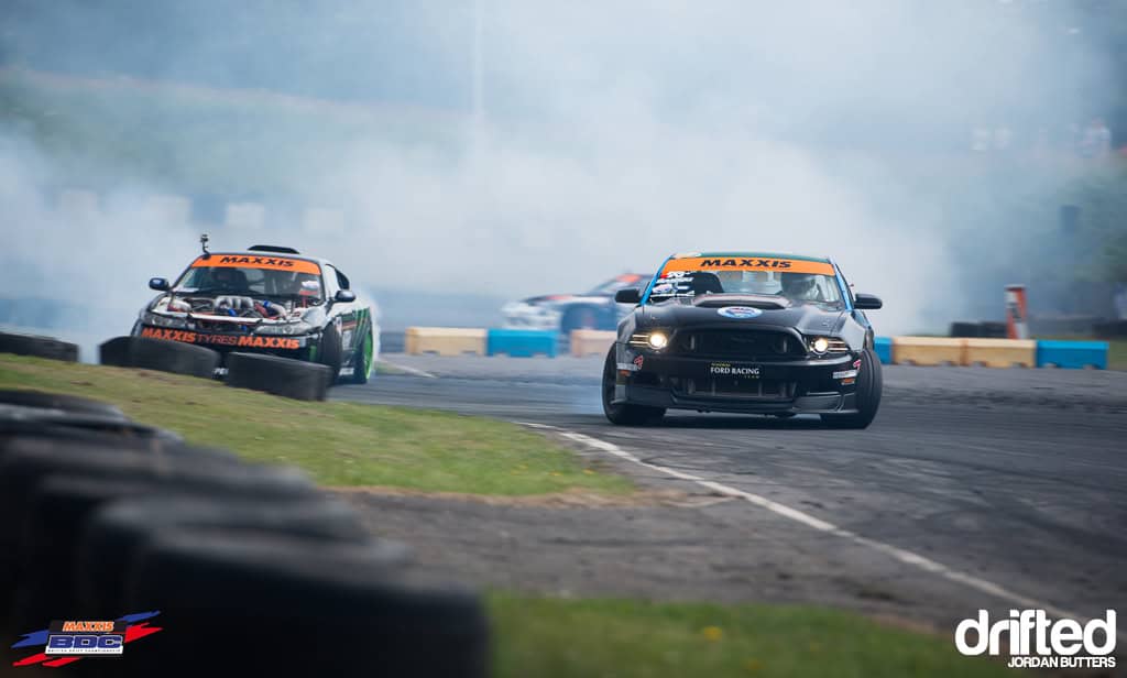 EVENT: The Scorcher: 2013 Maxxis British Drift Championship Round Three - Image Jordan Butters BDC RD3 Mustang vs Japspeed
