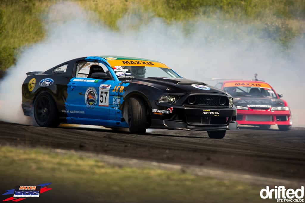 EVENT: The Scorcher: 2013 Maxxis British Drift Championship Round Three - Image Ste Trackslide BDC RD3 Mustang Vs Steve Moore 2