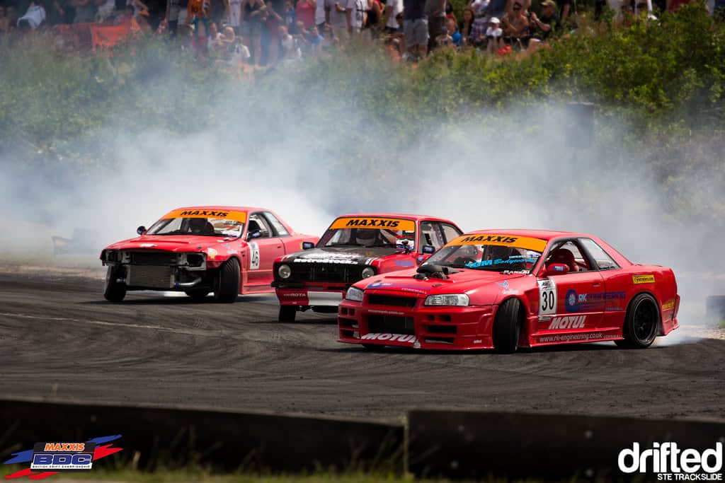 EVENT: 2013 Maxxis British Drift Championship Team Triple Event - Image Ste Trackslide BDC Team Event 2013 Two R34 + Escort MK2