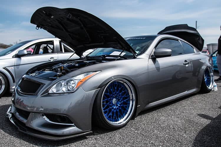 Ultimate Infiniti G37 Mods Guide - Image silver grey infiniti hood bay stance fitment slammed airride